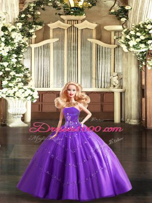 Custom Made Purple Tulle Lace Up Strapless Sleeveless Floor Length Quinceanera Gowns Beading