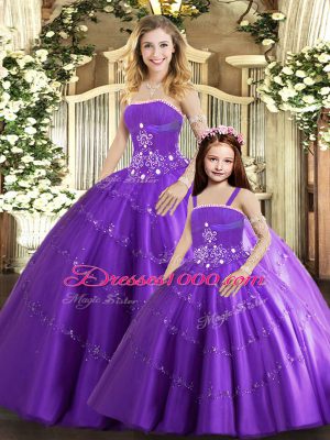 Custom Made Purple Tulle Lace Up Strapless Sleeveless Floor Length Quinceanera Gowns Beading