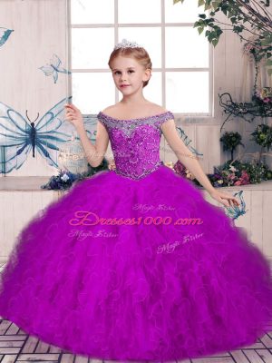 Customized Floor Length Purple Pageant Dress Wholesale Tulle Sleeveless Beading and Ruffles