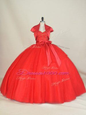 Red Ball Gowns Sweetheart Sleeveless Tulle Floor Length Lace Up Beading and Bowknot 15th Birthday Dress