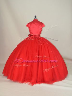 Red Ball Gowns Sweetheart Sleeveless Tulle Floor Length Lace Up Beading and Bowknot 15th Birthday Dress