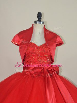 Red Ball Gowns Sweetheart Sleeveless Tulle Floor Length Lace Up Beading and Bowknot 15th Birthday Dress