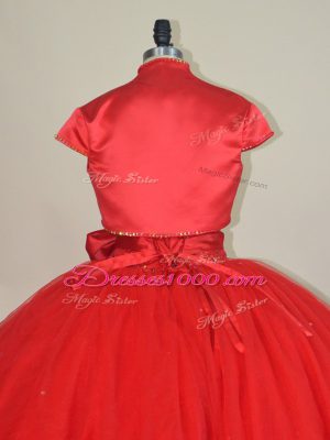 Red Ball Gowns Sweetheart Sleeveless Tulle Floor Length Lace Up Beading and Bowknot 15th Birthday Dress