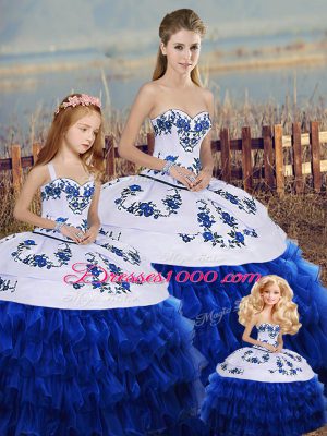 Sleeveless Floor Length Embroidery and Ruffled Layers and Bowknot Lace Up Sweet 16 Dress with Royal Blue