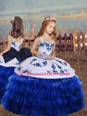 Sleeveless Floor Length Embroidery and Ruffled Layers and Bowknot Lace Up Sweet 16 Dress with Royal Blue