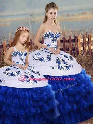 Sleeveless Floor Length Embroidery and Ruffled Layers and Bowknot Lace Up Sweet 16 Dress with Royal Blue