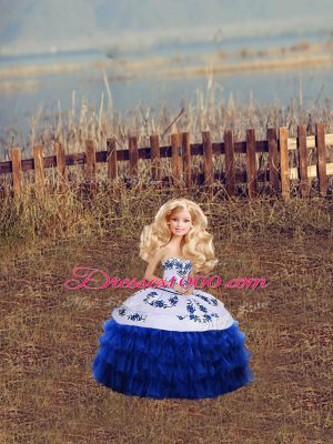 Sleeveless Floor Length Embroidery and Ruffled Layers and Bowknot Lace Up Sweet 16 Dress with Royal Blue