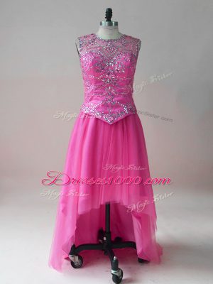 Fitting Hot Pink Sleeveless Beading High Low Cocktail Dress