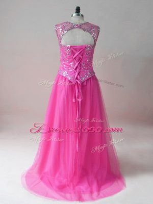 Fitting Hot Pink Sleeveless Beading High Low Cocktail Dress