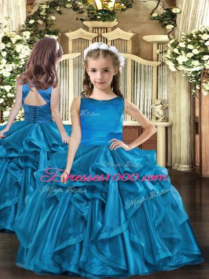 Blue Ball Gowns Organza Scoop Sleeveless Ruffles Floor Length Lace Up Little Girl Pageant Gowns