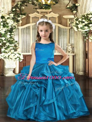 Blue Ball Gowns Organza Scoop Sleeveless Ruffles Floor Length Lace Up Little Girl Pageant Gowns