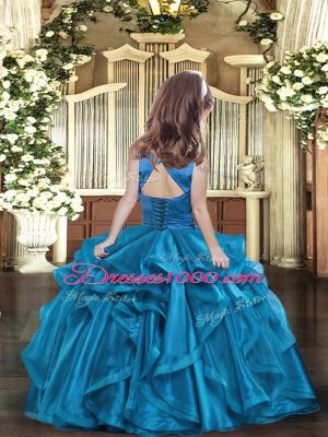 Blue Ball Gowns Organza Scoop Sleeveless Ruffles Floor Length Lace Up Little Girl Pageant Gowns