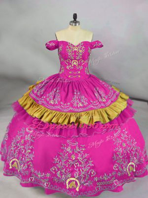 New Arrival Fuchsia Ball Gowns Embroidery Quinceanera Gowns Side Zipper Satin Sleeveless Floor Length