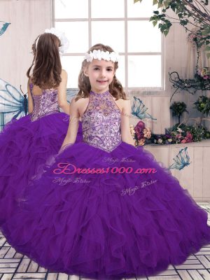 Purple Sleeveless Floor Length Beading and Ruffles Lace Up Little Girl Pageant Gowns