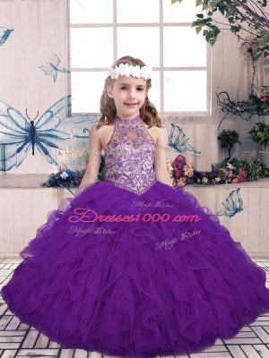 Purple Sleeveless Floor Length Beading and Ruffles Lace Up Little Girl Pageant Gowns