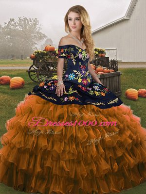 Custom Designed Rust Red Sleeveless Organza Lace Up Quince Ball Gowns for Military Ball and Sweet 16 and Quinceanera