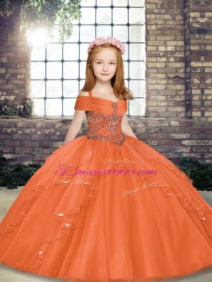 Orange Tulle Lace Up Spaghetti Straps Sleeveless Floor Length Little Girls Pageant Dress Wholesale Beading