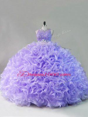 Fashionable Sleeveless Fabric With Rolling Flowers Floor Length Lace Up Sweet 16 Quinceanera Dress in Lavender with Beading