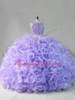 Fashionable Sleeveless Fabric With Rolling Flowers Floor Length Lace Up Sweet 16 Quinceanera Dress in Lavender with Beading