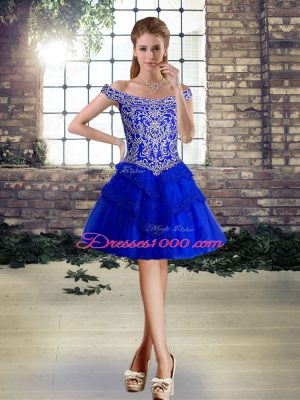 Gorgeous Ball Gowns Homecoming Party Dress Royal Blue Off The Shoulder Tulle Sleeveless Mini Length Lace Up