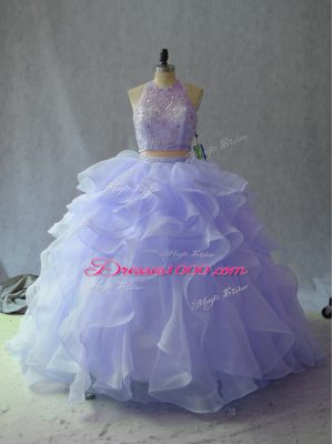 Floor Length Backless Sweet 16 Dresses Lavender for Sweet 16 and Quinceanera with Beading and Ruffles