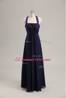 Navy Blue Chiffon Lace Up Halter Top Sleeveless Floor Length Homecoming Dress Ruching