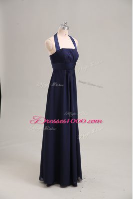 Navy Blue Chiffon Lace Up Halter Top Sleeveless Floor Length Homecoming Dress Ruching