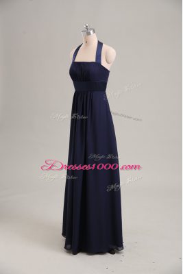 Navy Blue Chiffon Lace Up Halter Top Sleeveless Floor Length Homecoming Dress Ruching