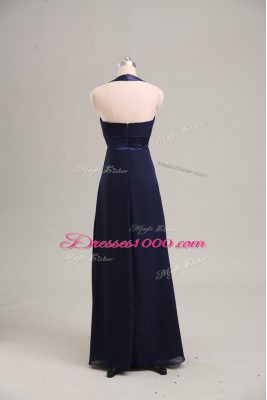 Navy Blue Chiffon Lace Up Halter Top Sleeveless Floor Length Homecoming Dress Ruching