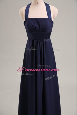 Navy Blue Chiffon Lace Up Halter Top Sleeveless Floor Length Homecoming Dress Ruching