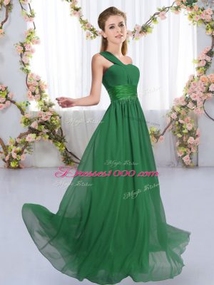 Dark Green Sleeveless Floor Length Ruching Lace Up Bridesmaid Dresses