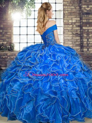 Modern Sleeveless Floor Length Beading and Ruffles Lace Up Quinceanera Gowns with Royal Blue