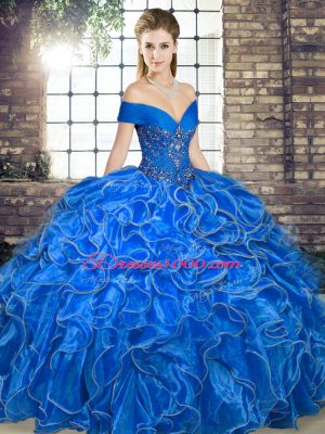 Modern Sleeveless Floor Length Beading and Ruffles Lace Up Quinceanera Gowns with Royal Blue