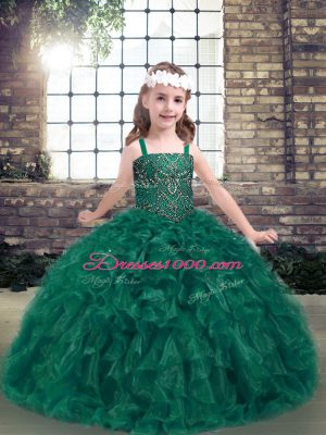 Organza Straps Sleeveless Lace Up Beading and Ruffles Womens Party Dresses in Dark Green