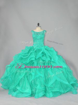 Turquoise Ball Gowns Scoop Sleeveless Organza Floor Length Lace Up Beading and Ruffles Vestidos de Quinceanera