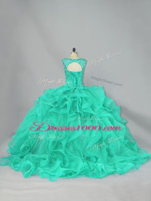 Turquoise Ball Gowns Scoop Sleeveless Organza Floor Length Lace Up Beading and Ruffles Vestidos de Quinceanera