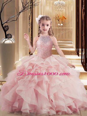 Glorious Sleeveless Floor Length Beading and Ruffles Lace Up Kids Pageant Dress with Pink