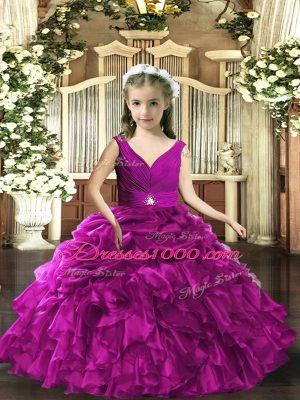 Sleeveless Floor Length Beading and Ruffles and Ruching Backless Little Girl Pageant Gowns with Purple