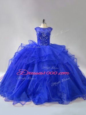 Royal Blue Sleeveless Beading and Ruffles Lace Up Sweet 16 Dresses