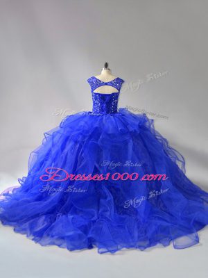 Royal Blue Sleeveless Beading and Ruffles Lace Up Sweet 16 Dresses