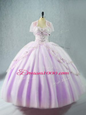 Sweet Lavender Sleeveless Floor Length Beading Lace Up Quinceanera Gown