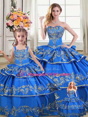 Royal Blue Ball Gowns Satin and Organza Sweetheart Sleeveless Embroidery and Ruffled Layers Floor Length Lace Up Ball Gown Prom Dress