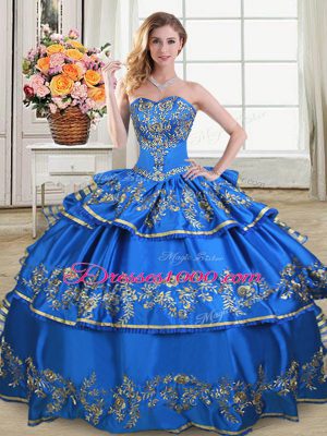 Royal Blue Ball Gowns Satin and Organza Sweetheart Sleeveless Embroidery and Ruffled Layers Floor Length Lace Up Ball Gown Prom Dress