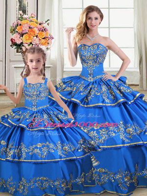 Royal Blue Ball Gowns Satin and Organza Sweetheart Sleeveless Embroidery and Ruffled Layers Floor Length Lace Up Ball Gown Prom Dress