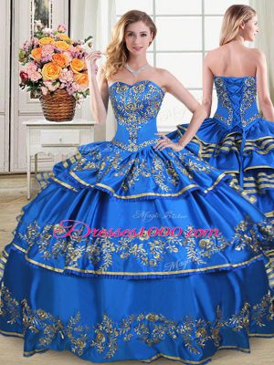 Royal Blue Ball Gowns Satin and Organza Sweetheart Sleeveless Embroidery and Ruffled Layers Floor Length Lace Up Ball Gown Prom Dress