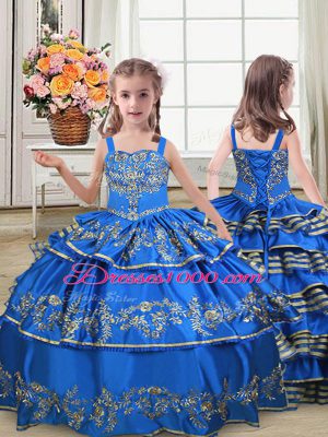 Royal Blue Ball Gowns Satin and Organza Sweetheart Sleeveless Embroidery and Ruffled Layers Floor Length Lace Up Ball Gown Prom Dress