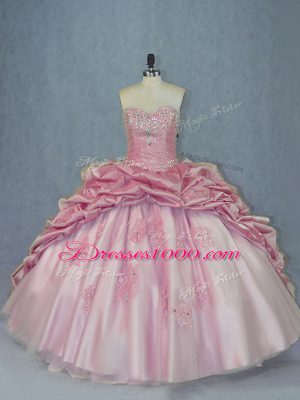 Flirting Pink Sleeveless Tulle Brush Train Lace Up Quinceanera Gown for Sweet 16 and Quinceanera