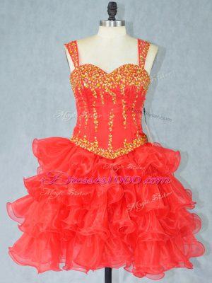 Sleeveless Mini Length Beading and Ruffled Layers Lace Up Prom Gown with Red
