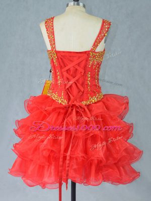 Sleeveless Mini Length Beading and Ruffled Layers Lace Up Prom Gown with Red