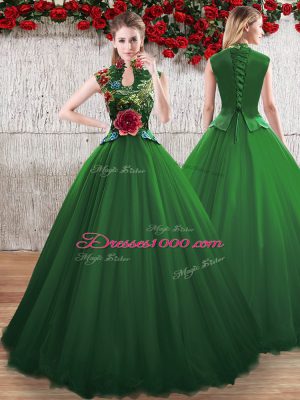 Sleeveless Floor Length Hand Made Flower Lace Up Sweet 16 Dress with Green